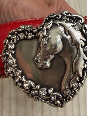 Justin Girls Red Leather Western Belt Heart Horse Buckle Silver Studs Size